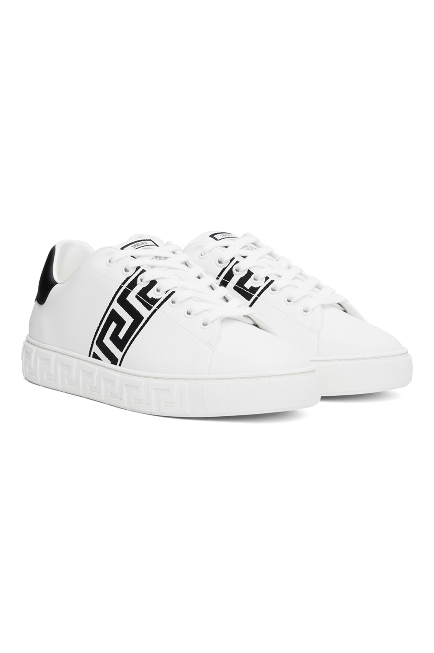 VERSACE
White &amp; Black Embroidered Greca Sneakers