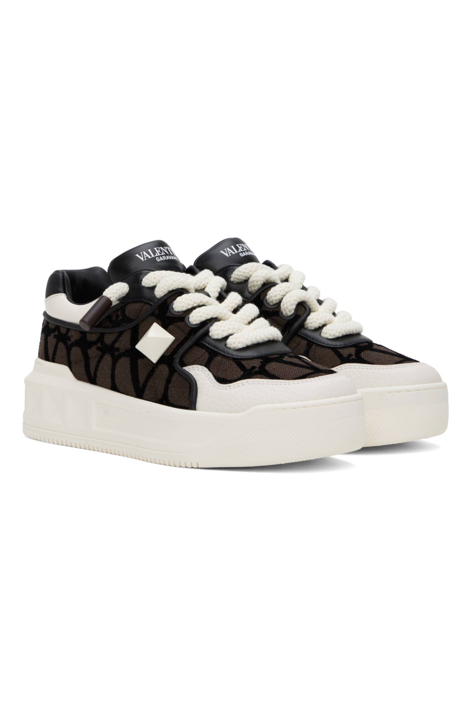 VALENTINO GARAVANI
White &amp; Brown One Stud XL Low-Top Sneakers